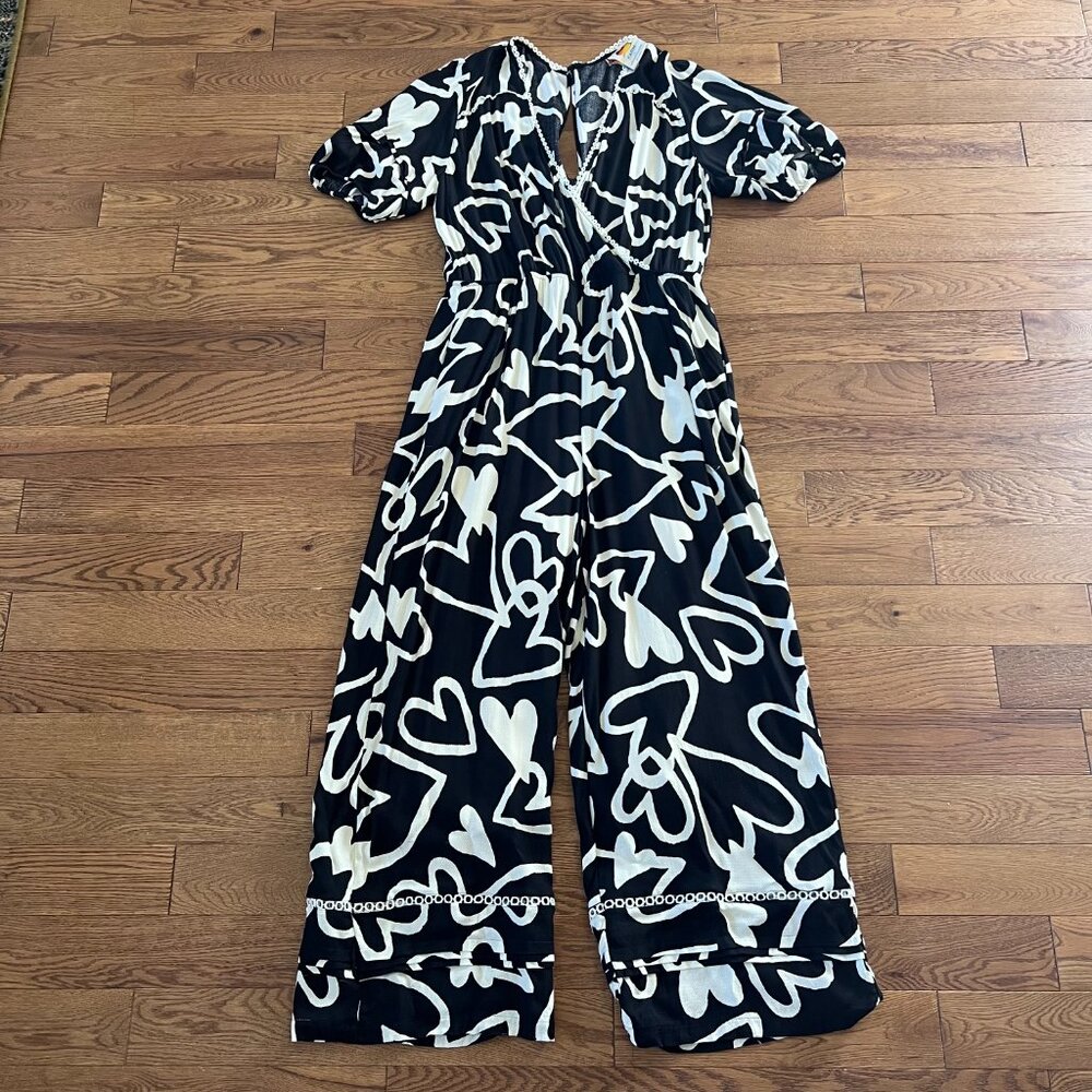 NWOT Anthropologie Farm Rio Sinead Hearts Jumpsuit Black White Sz‎ L Puff Sleeve